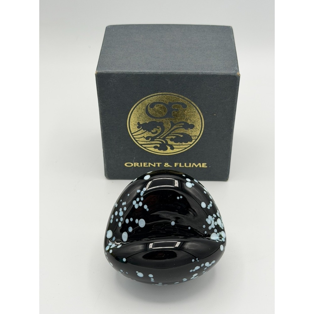 Orient & Flume Black Art Glass Paperweight Bowl Blue Controlled Bubbles